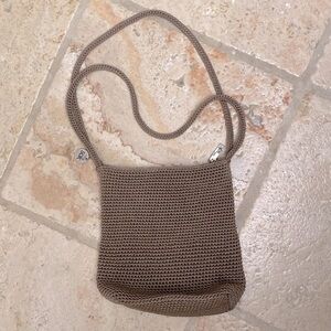 The Sak Double Handle Crochet Purse hand bag shoulder bag beige zipper top small